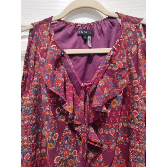 New 1.State Womens Size S Blouse Ruffle Cold Shoulder Top Tie Neck Floral Purple - Picture 9 of 10